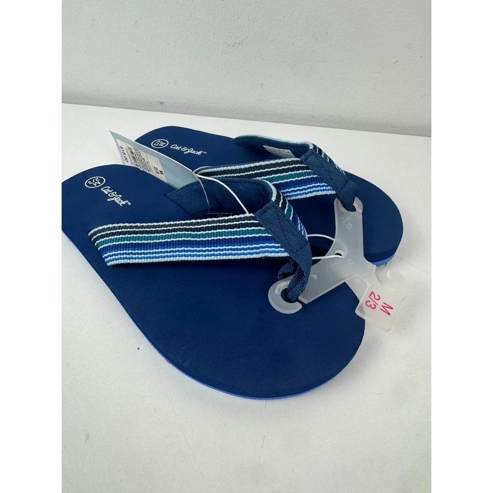Cat & Jack Boys Navy Blue Striped Thong Flip Flop Sandals Size M 2/3 NEW